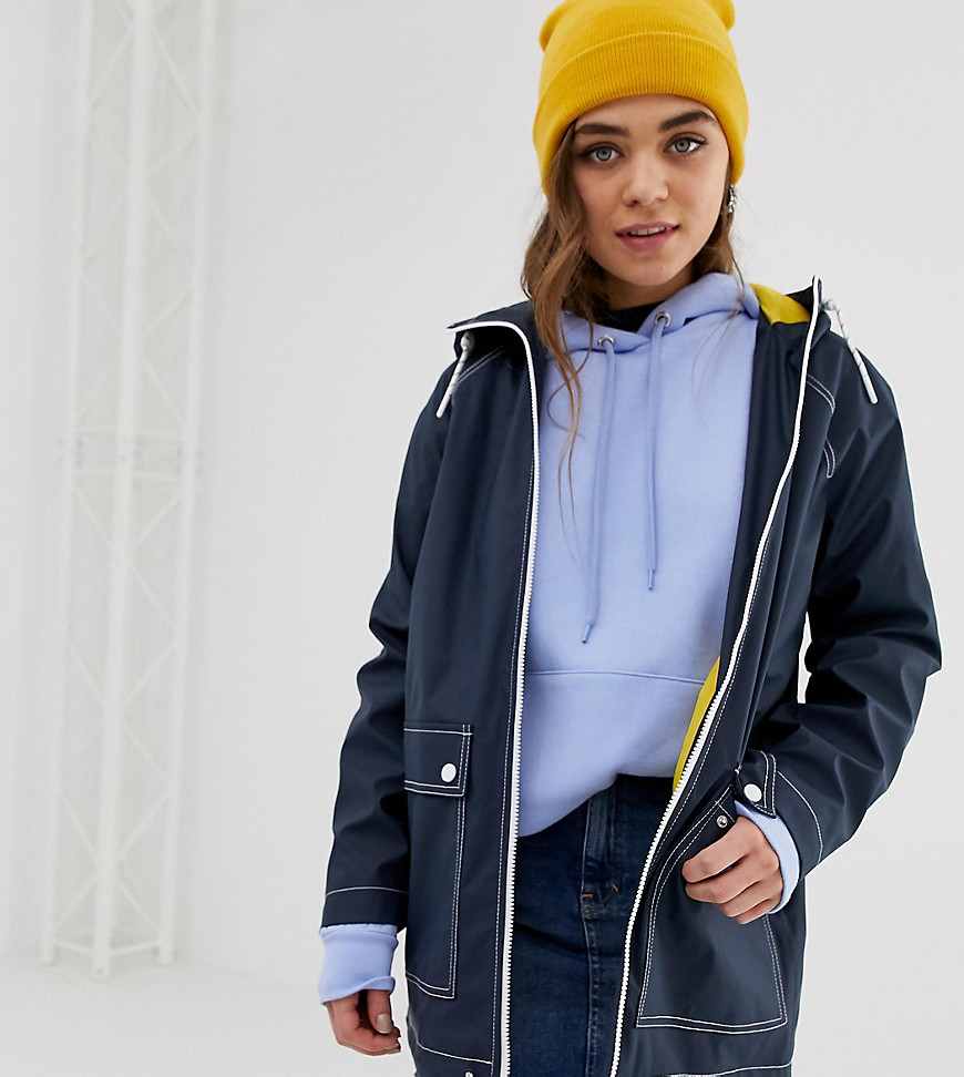 Pull&Bear contrast stitch rain mac with pockets in navy