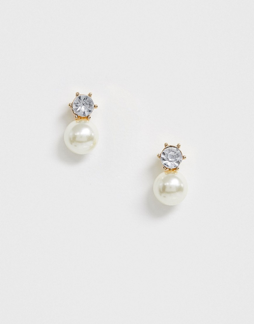 Asos Design Crystal Stud Earrings With Pearl Drop In Gold Tone