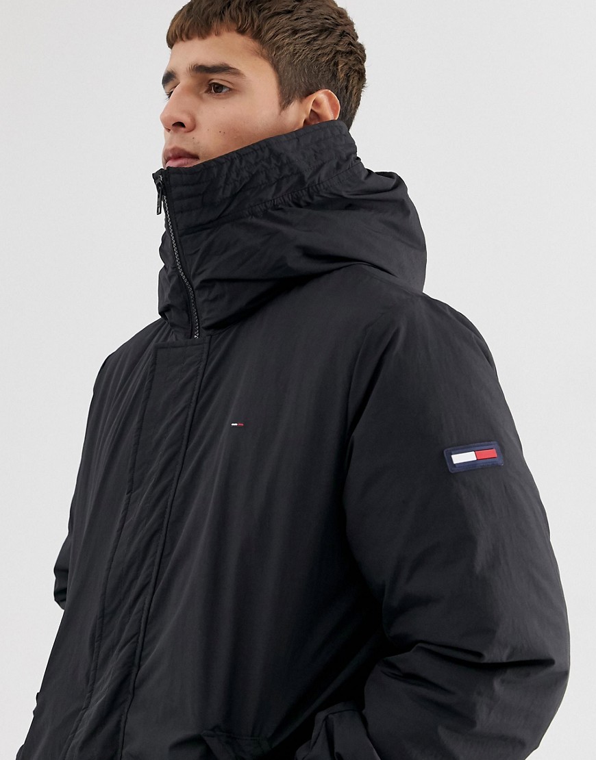 Tommy Jeans hooded coated jacket with logo in black