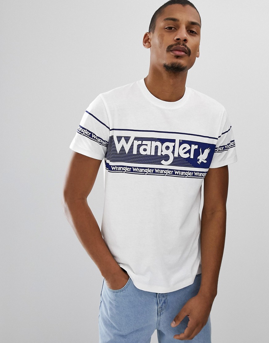 Wrangler large logo chest stripe crew neck t-shirt in offwhite/blue