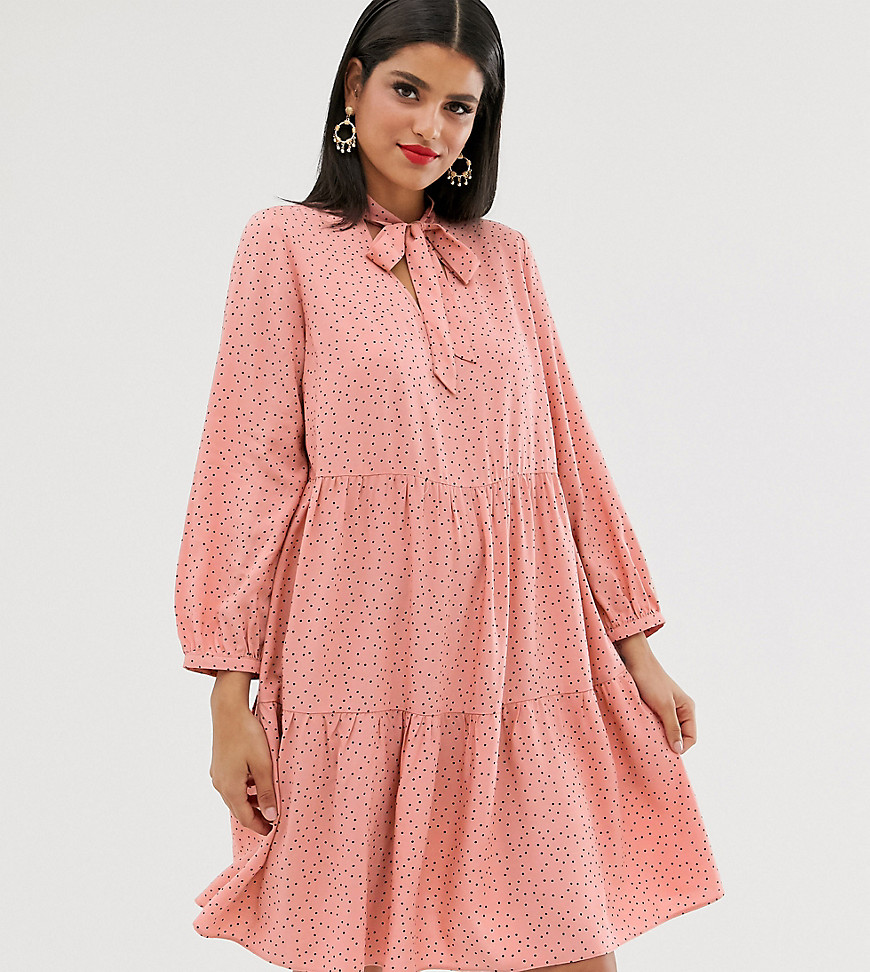New Look Tall pussey bow smock dress in pink polka dot