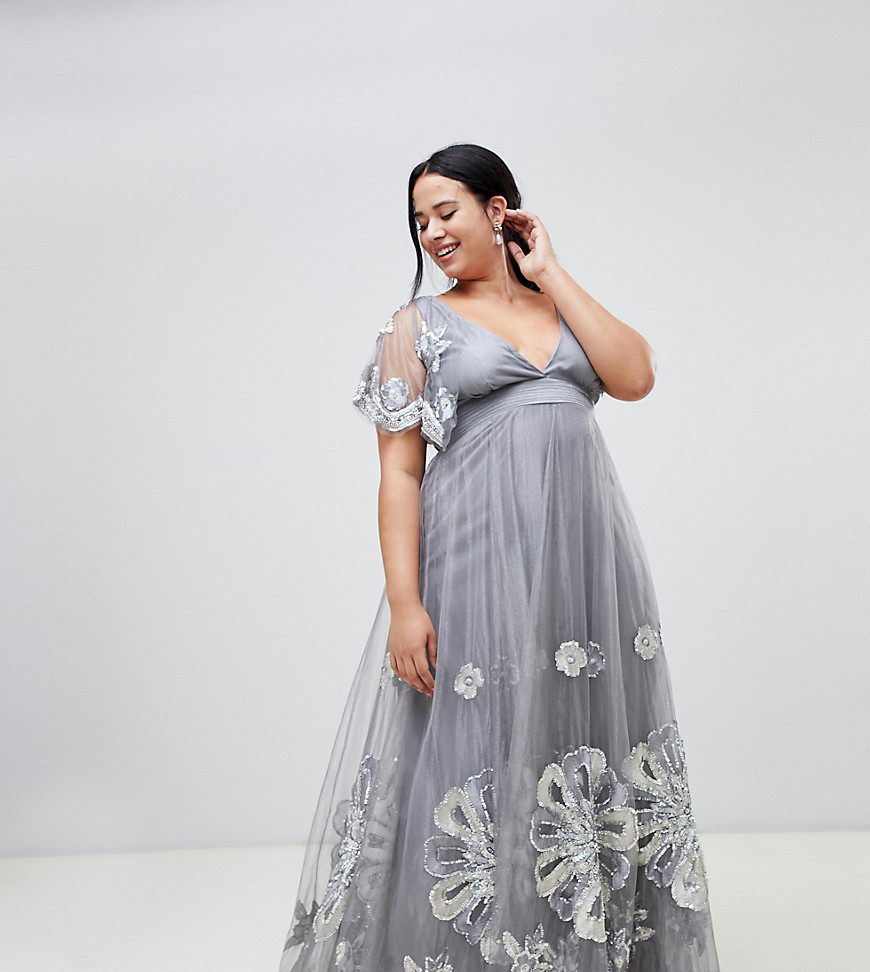 A Star Is Born Plus embellished maxi dress with cape detail in silver - Silver