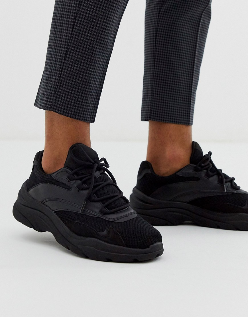 Bershka chunky sole trainer with side detailing in black