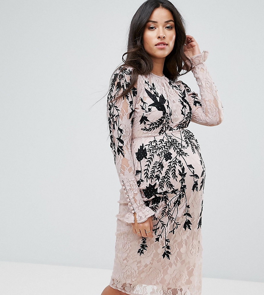 Hope & Ivy Maternity Long Sleeve Lace Dress With Embellished Detail - Nude