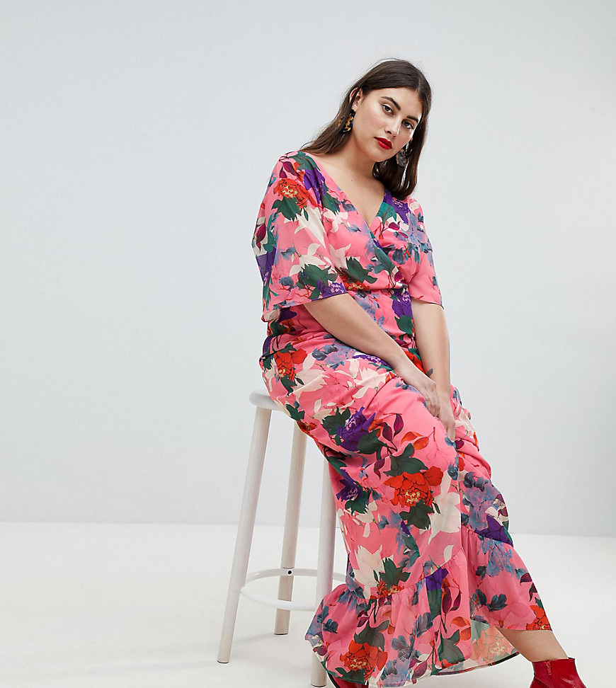 Lost Ink Plus Maxi Kimono Sleeve Maxi Dress In Oversized Floral Print - Pink multi