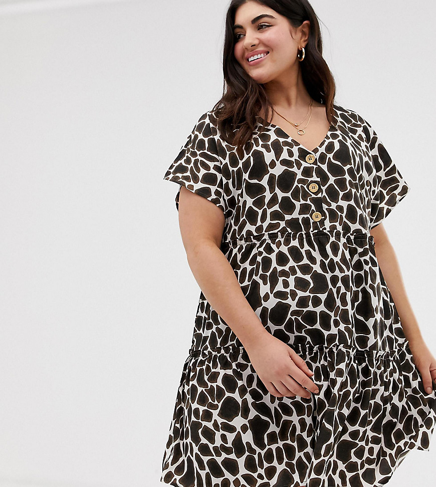 Influence Plus smock dress with button down front in giraffe print