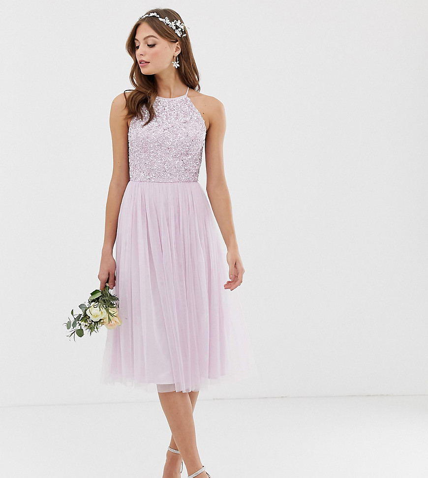 Maya Bridesmaid halter neck midi tulle dress with tonal delicate sequins in soft lilac