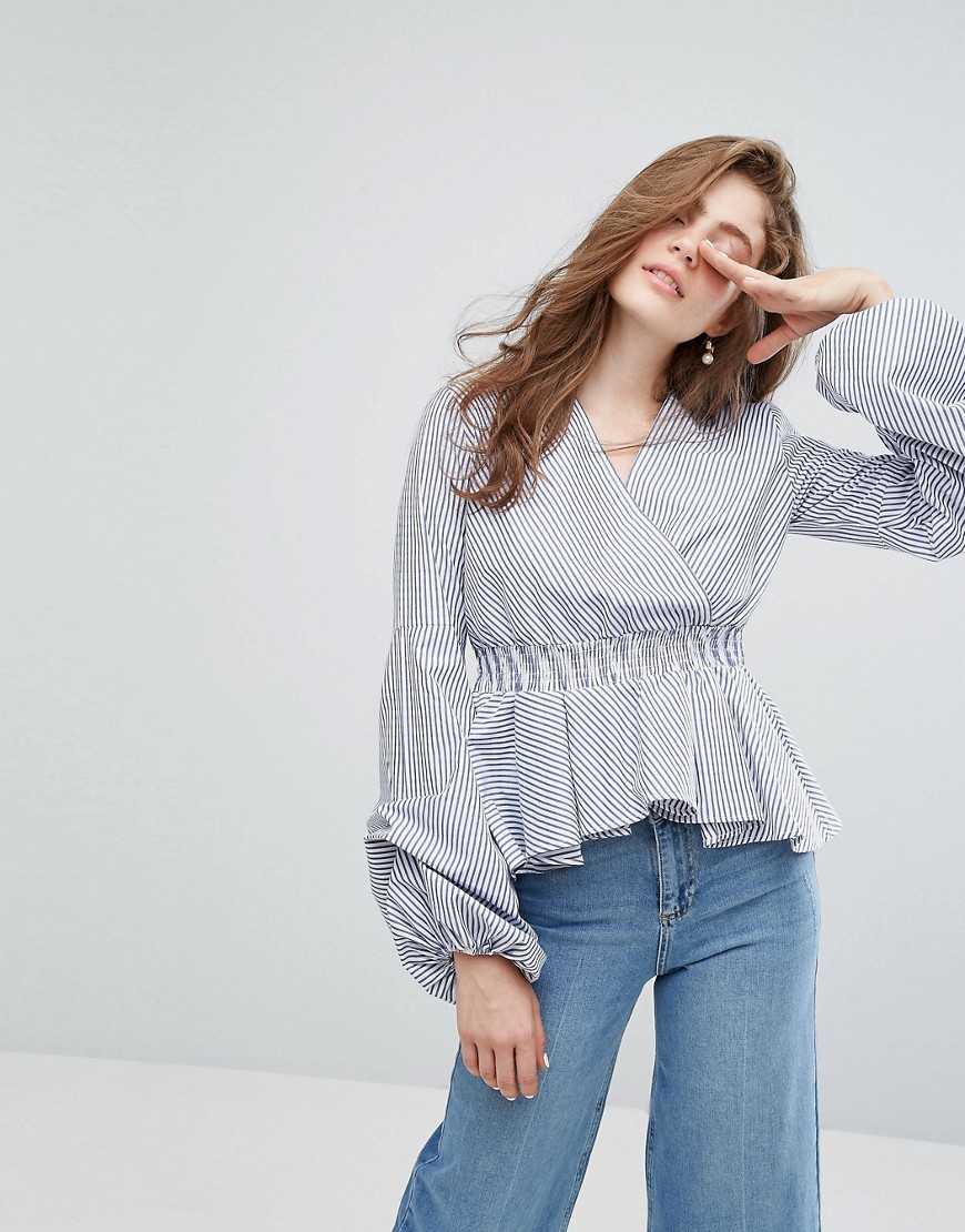 Willow and Paige Wrap Front Blouse With Exaggerated Sleeves - Blue/white