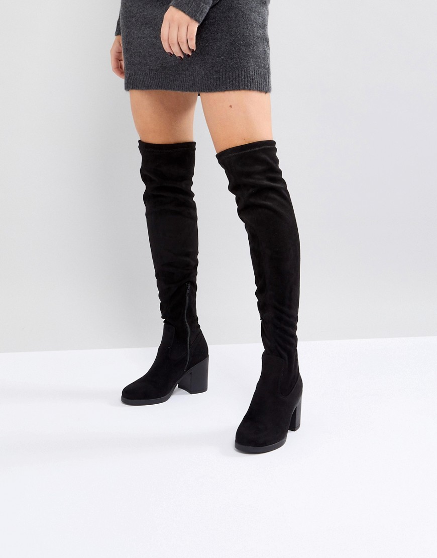 Truffle Collection Chunky Heel Stretch Over Knee Boot - Black micro