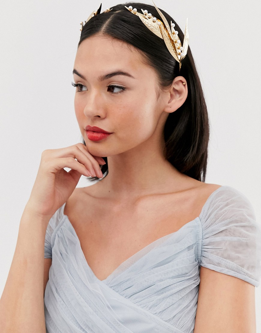 ASOS DESIGN hair crown in pearl studded metal leaf design in gold tone