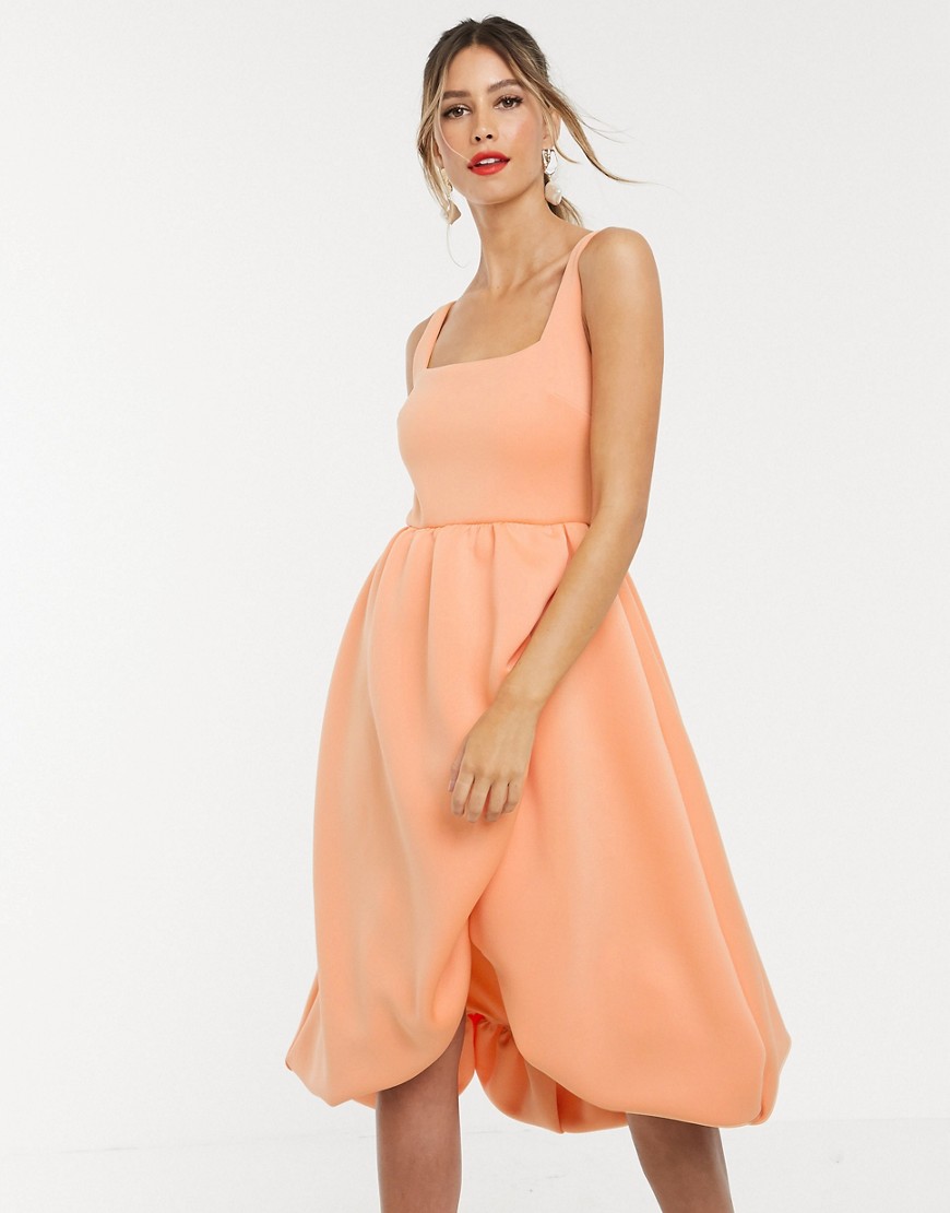 Asos Design Square Neck Bubble Hem Wrap Prom Midi Dress-orange