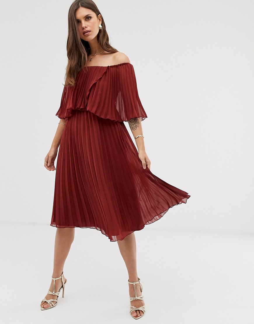 Asos Design Pleated Bandeau Midi Dress With Double Layer-red