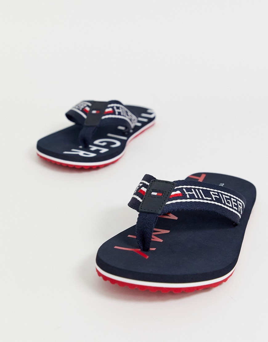 Tommy Hilfiger flip flop with flag detail and sole logo print in navy