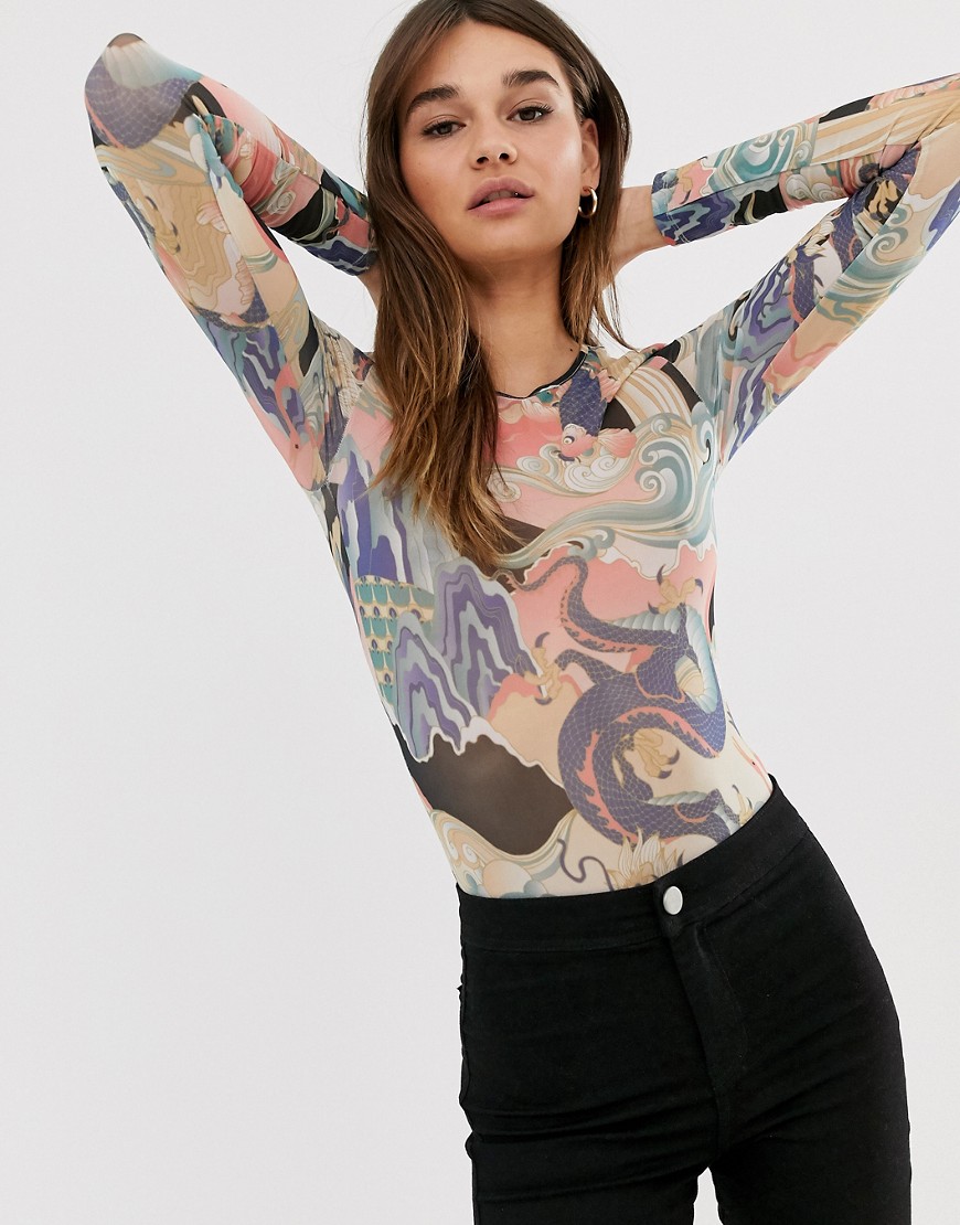 Monki abstract print mesh long sleeve body in pink