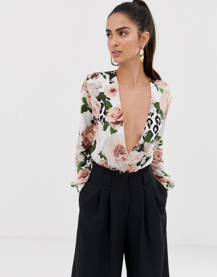 Flounce London thong bodysuit with plunge front in floral print