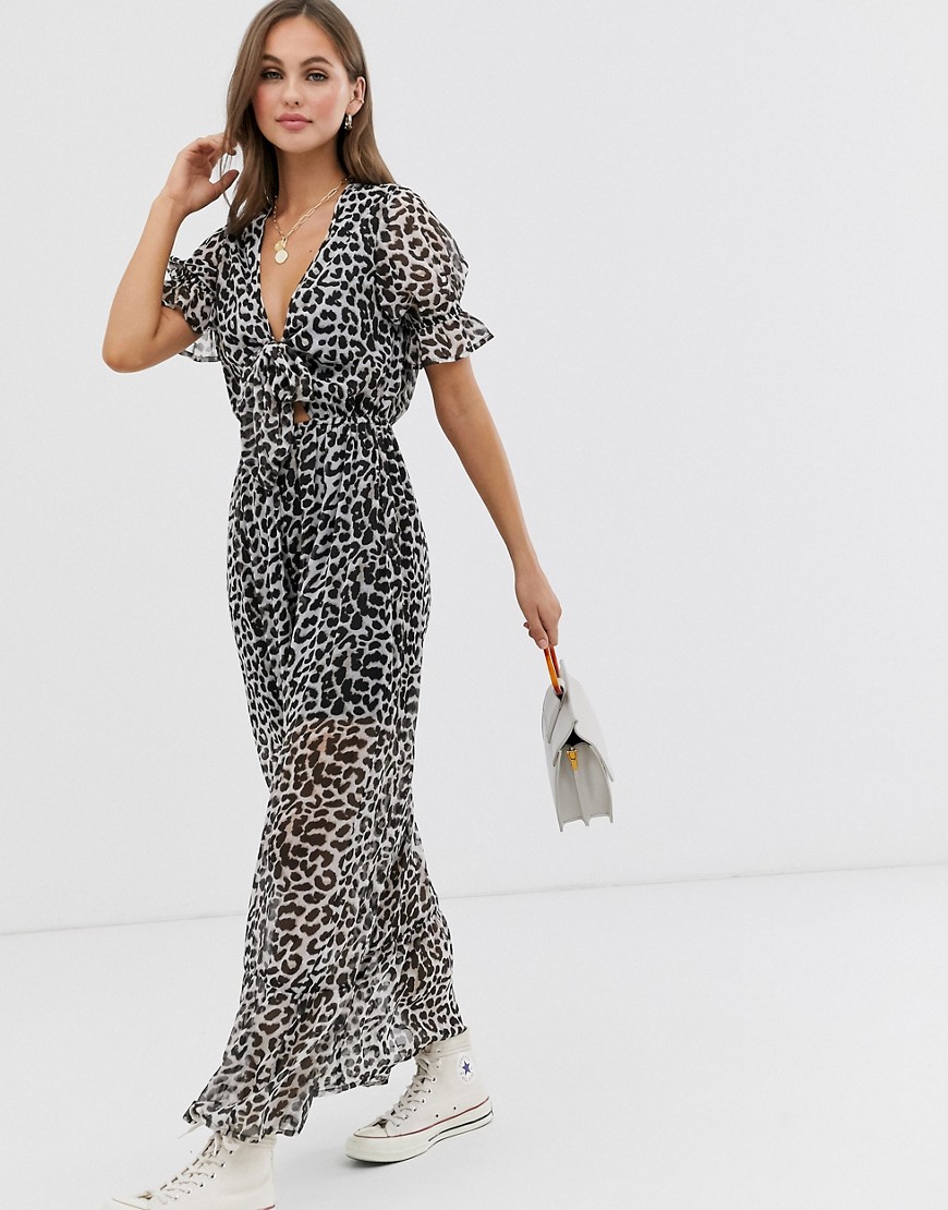 Influence leopard print maxi dress with tie front detail