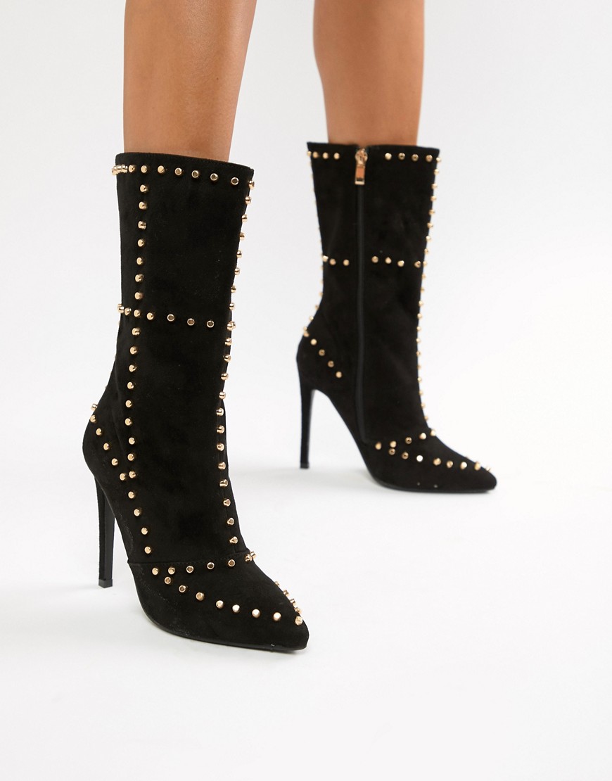PrettyLittleThing studded calf boots in black