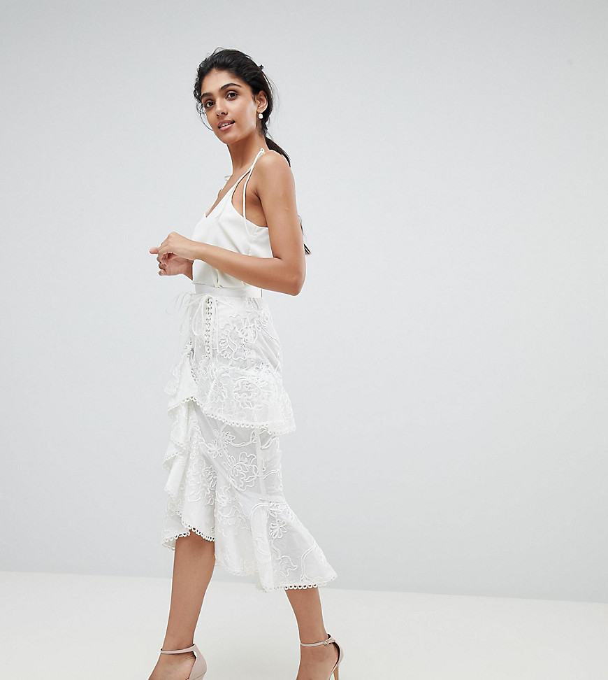 True Decadence Tall Premium Asymmetric Ruffle Lace Midi Skirt - White