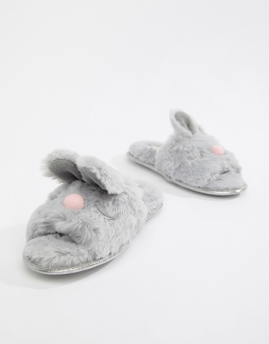 Head Over Heels Flopsy Grey Fluffy Bunny Face Mule Slippers