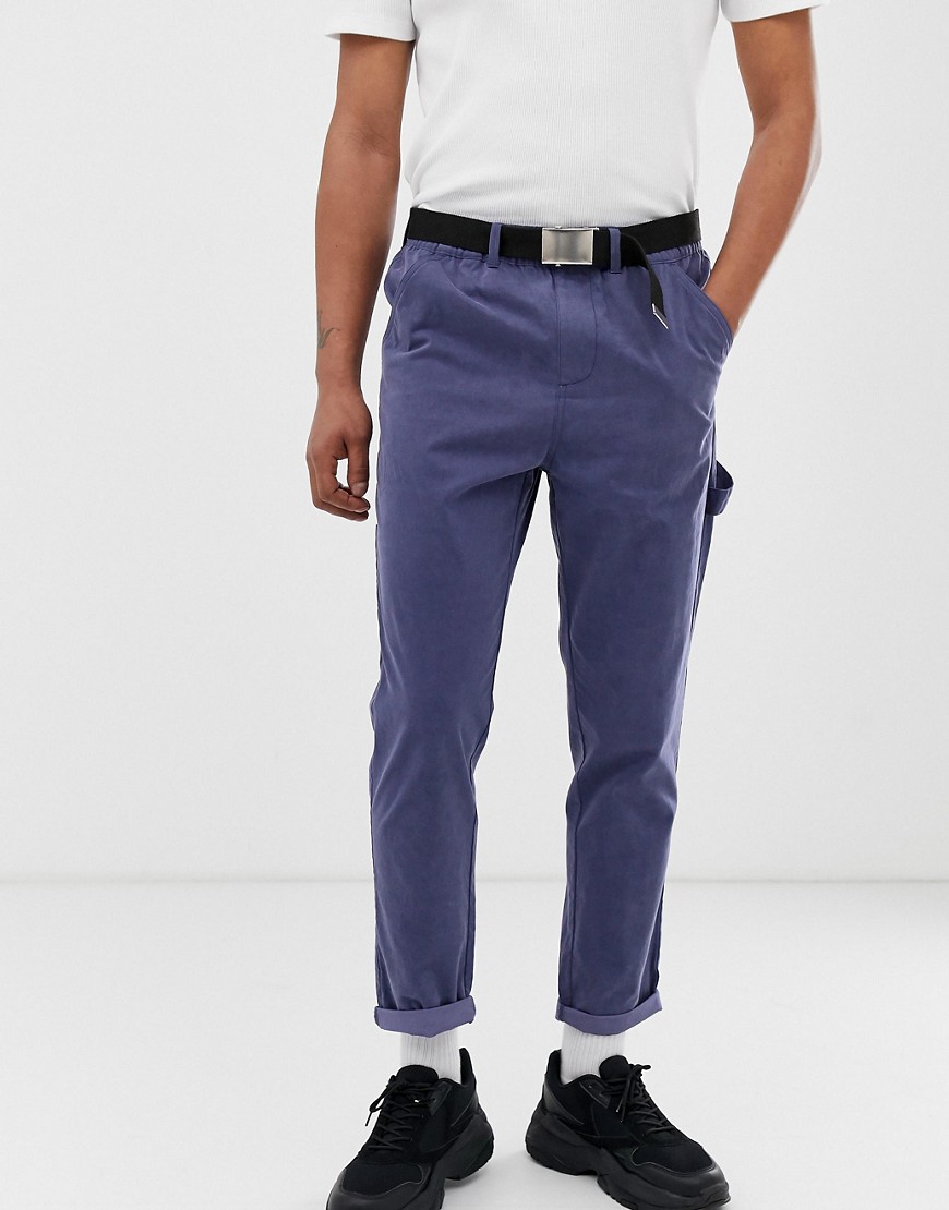 ASOS DESIGN tapered utility trousers in washed blue with belt