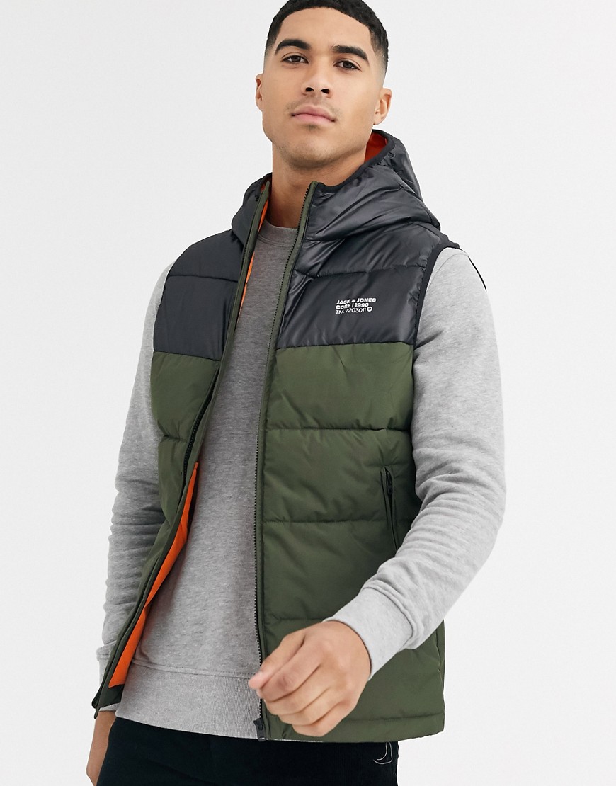 Jack & Jones Core padded gilet with mountain shoulder details in green