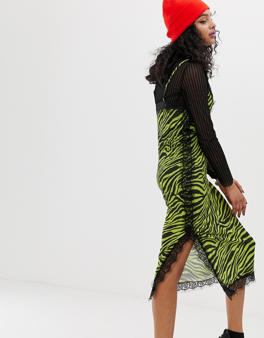 New Girl Order slip cami dress in neon zebra with lace trim
