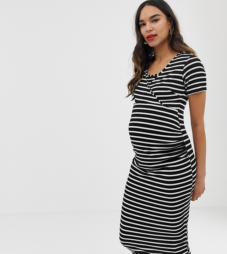 Bluebelle Maternity striped bodycon dress with wrap over front in black and white