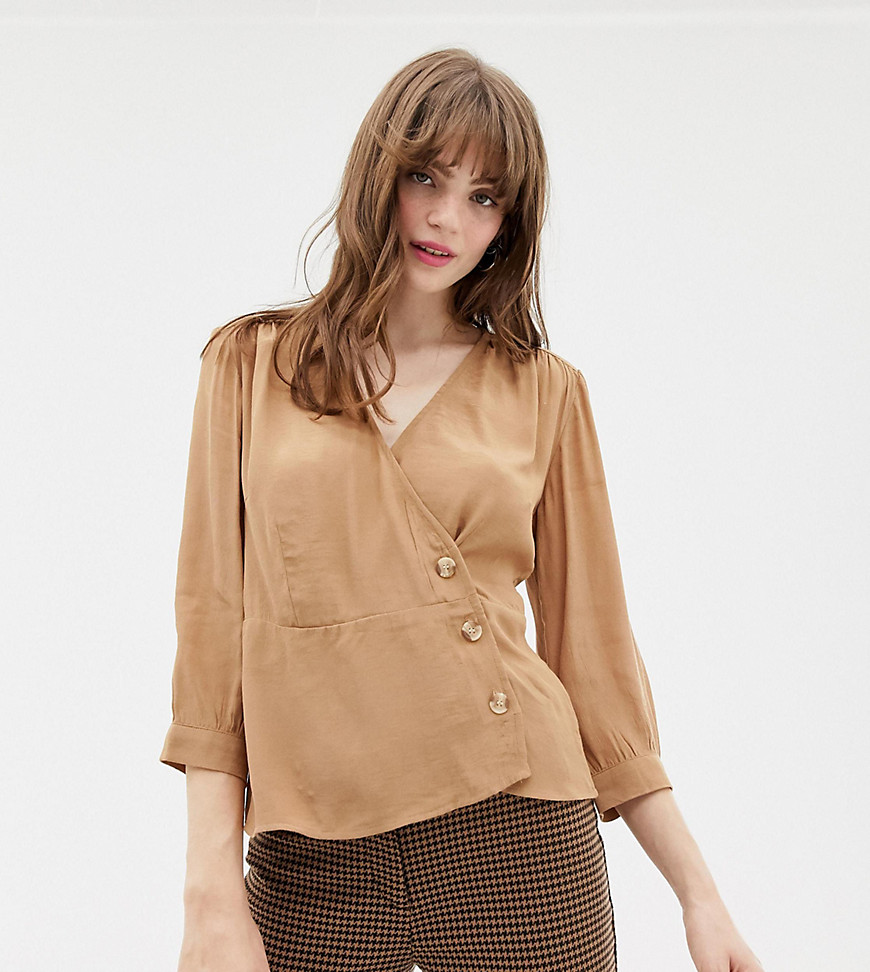 Monki wrap blouse with buttons in beige