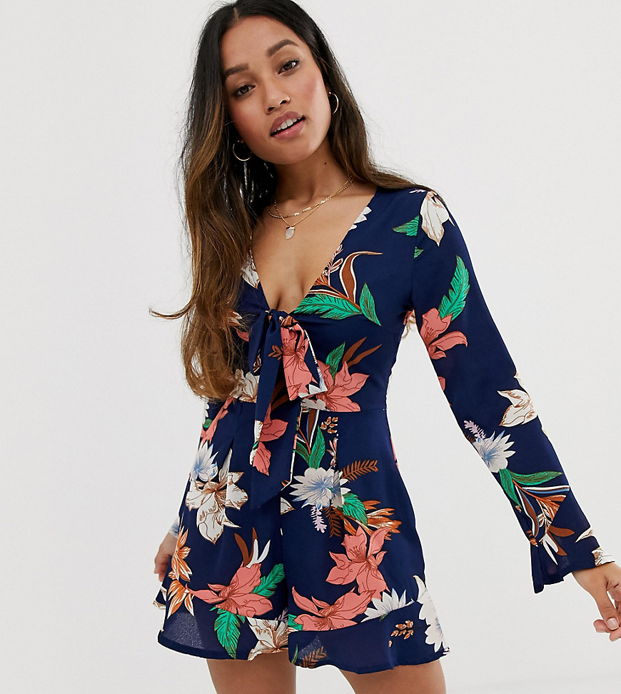Parisian Petite knot front playsuit in navy floral print