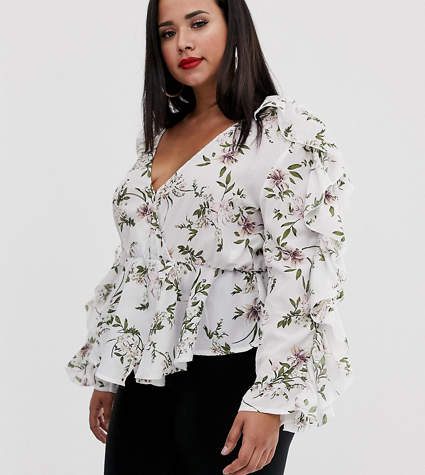 PrettyLittleThing Plus frill sleeve blouse in white floral
