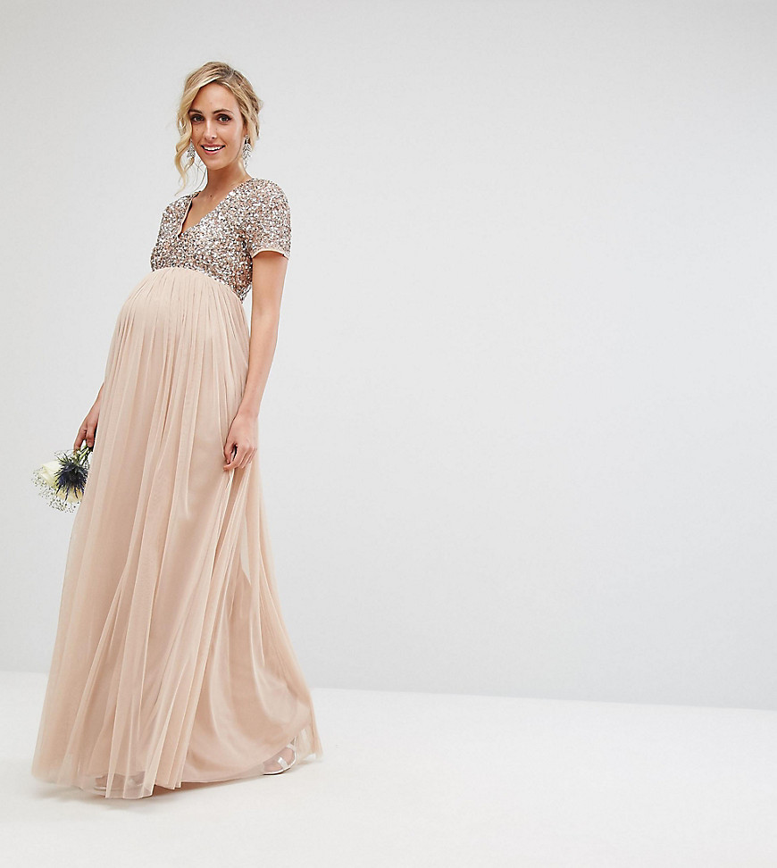 Maya Maternity Bridesmaid V Neck Maxi Tulle Dress with Tonal Delicate Sequins