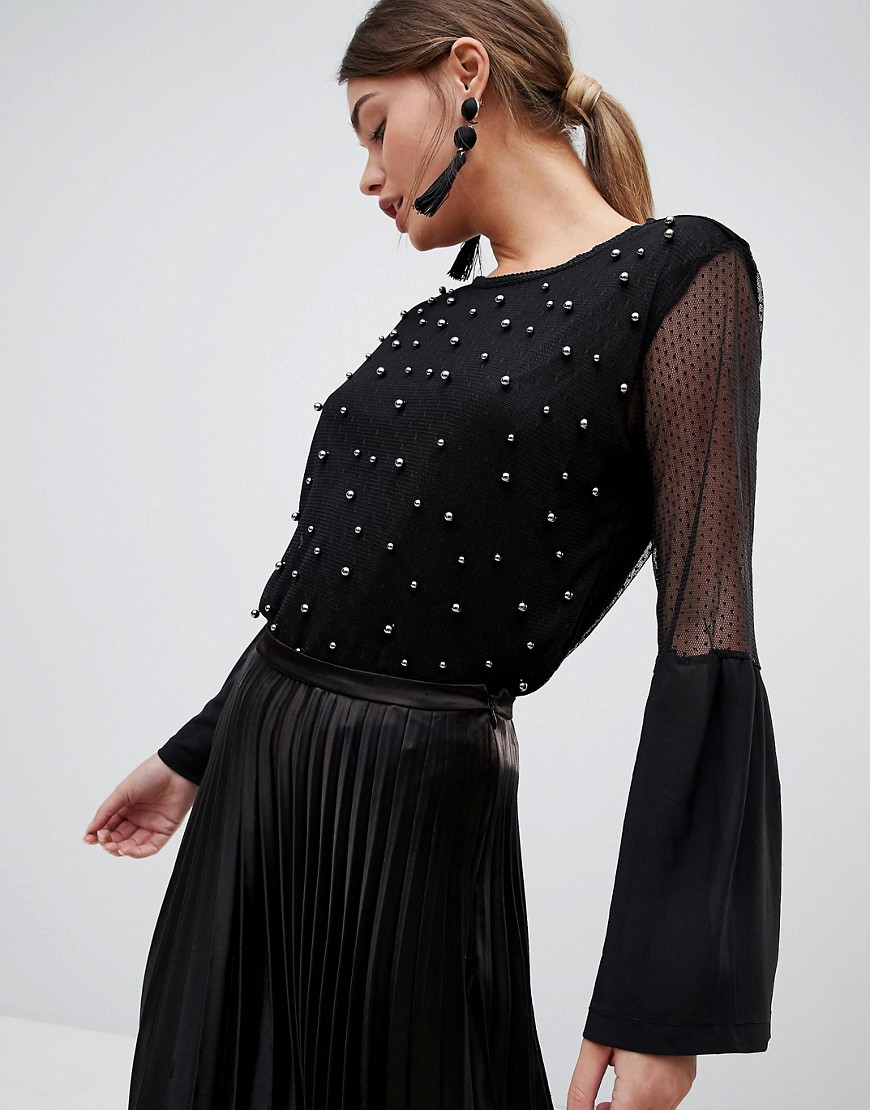 ASOS Zibi Pearl and Crochet Blouse With Puff