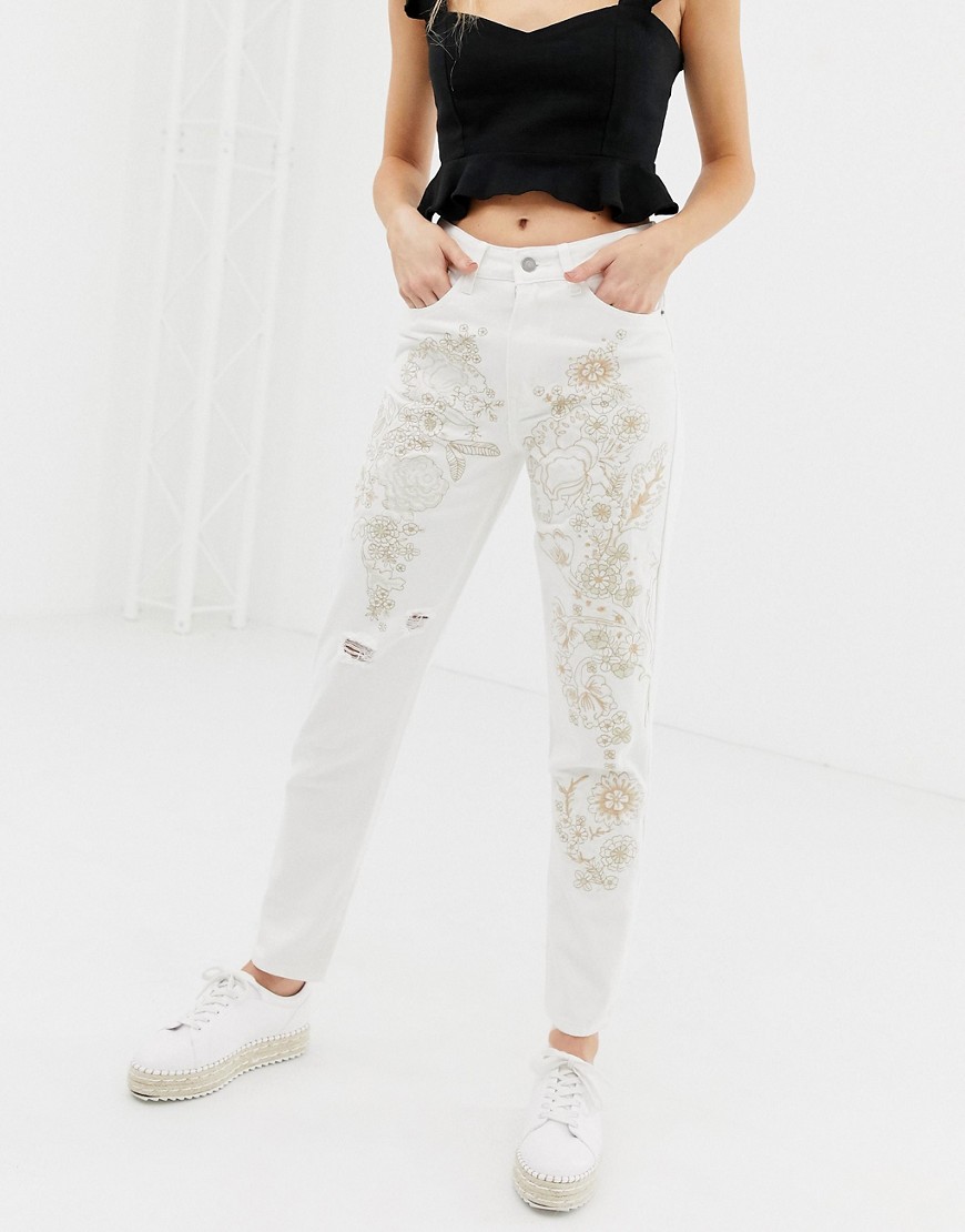 Glamorous distressed and embroidered boyfriend jeans
