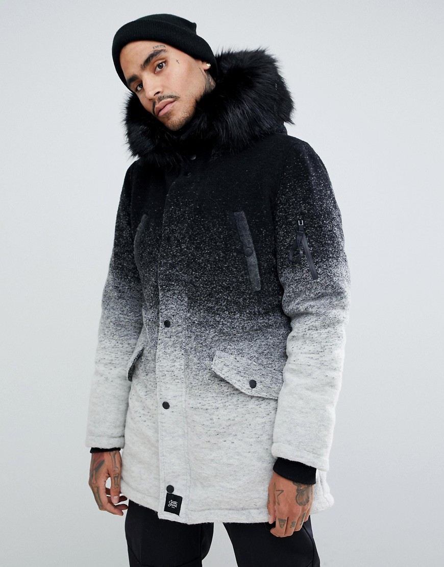 Sixth June parka coat in faded black and white with faux fur hood