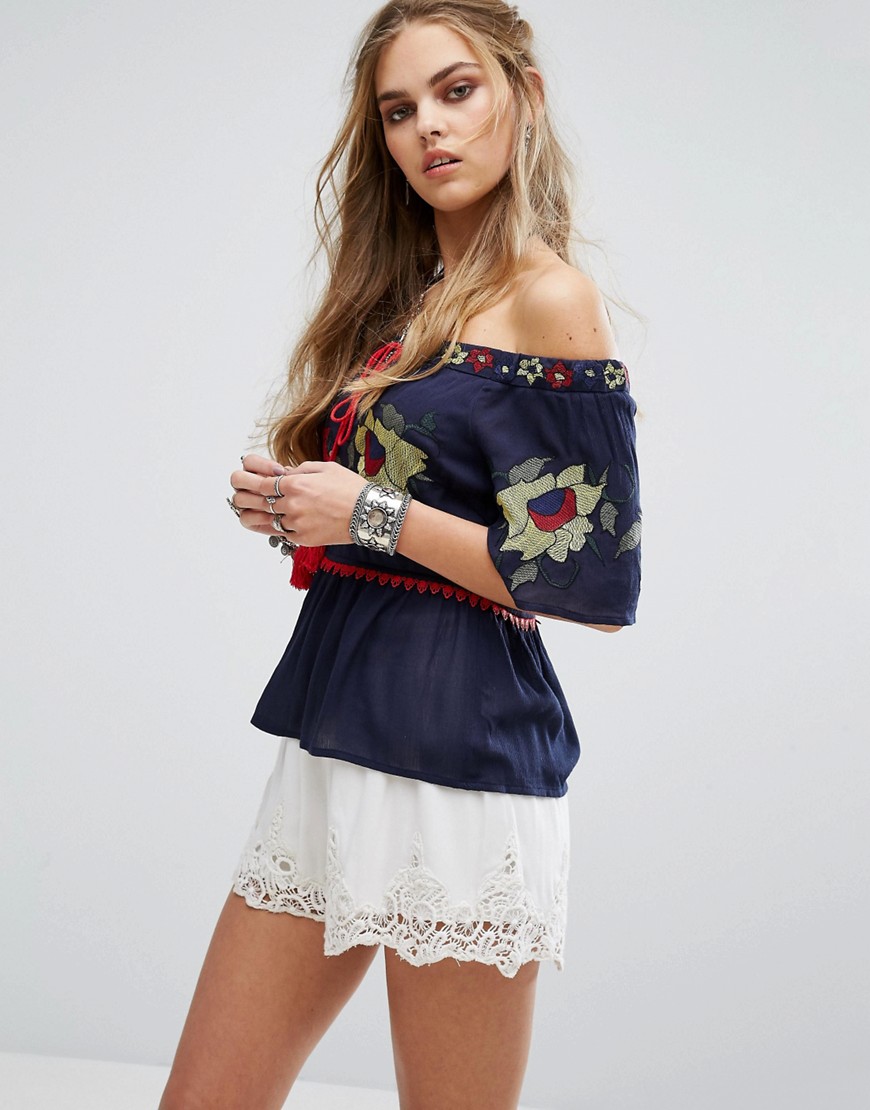 Honey Punch Off Shoulder Top With Embroidered Frill