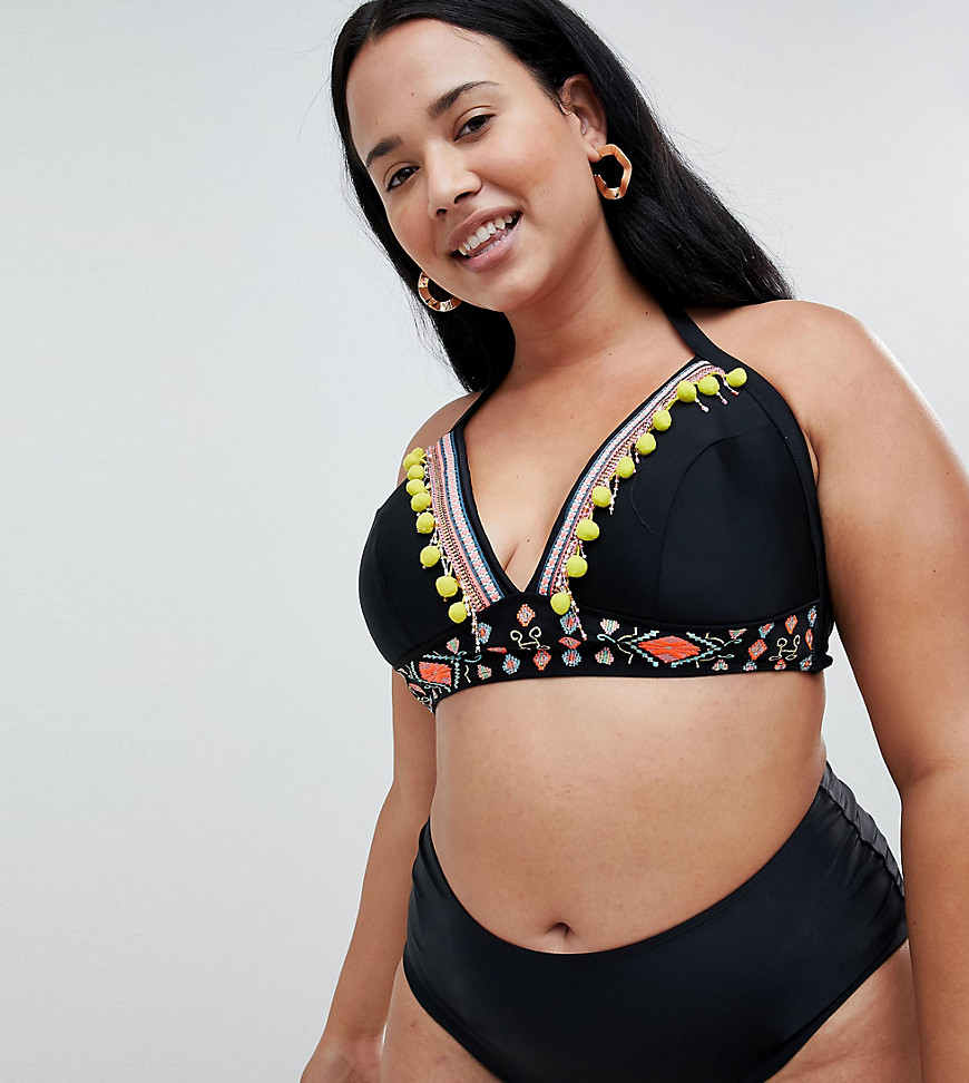 River Island Plus plunge bikini top with pom pom details in black