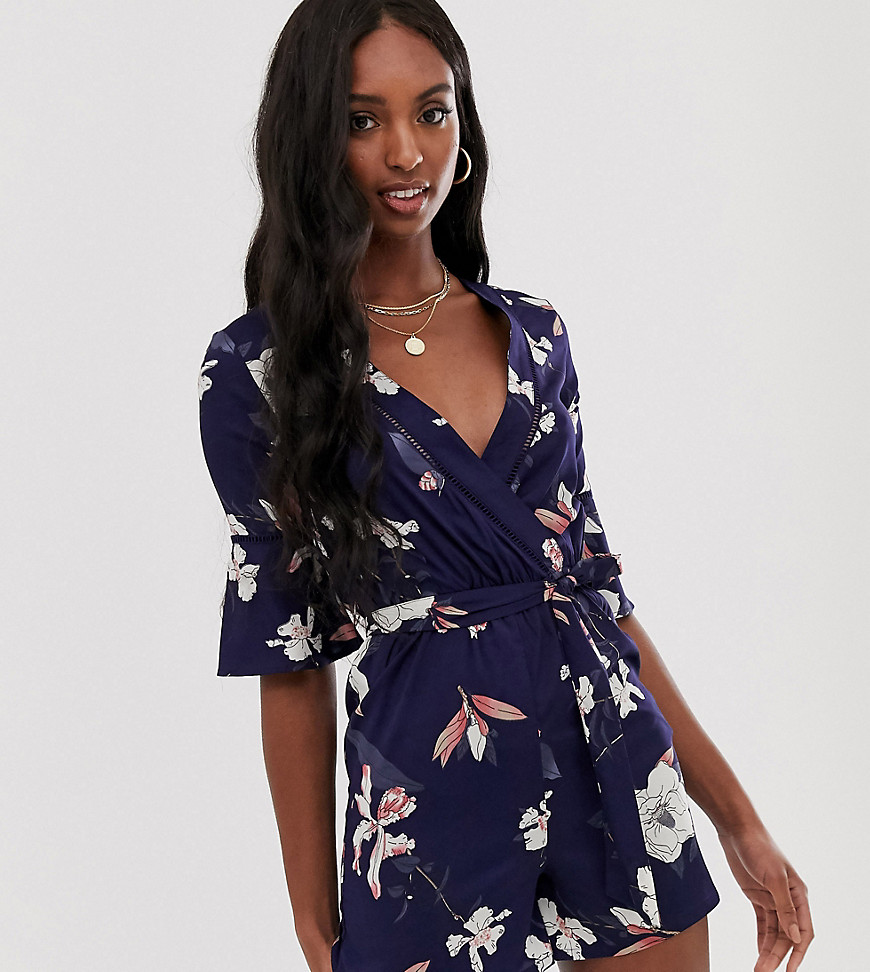 Influence Tall wrap front playsuit with ladder detail in floral print