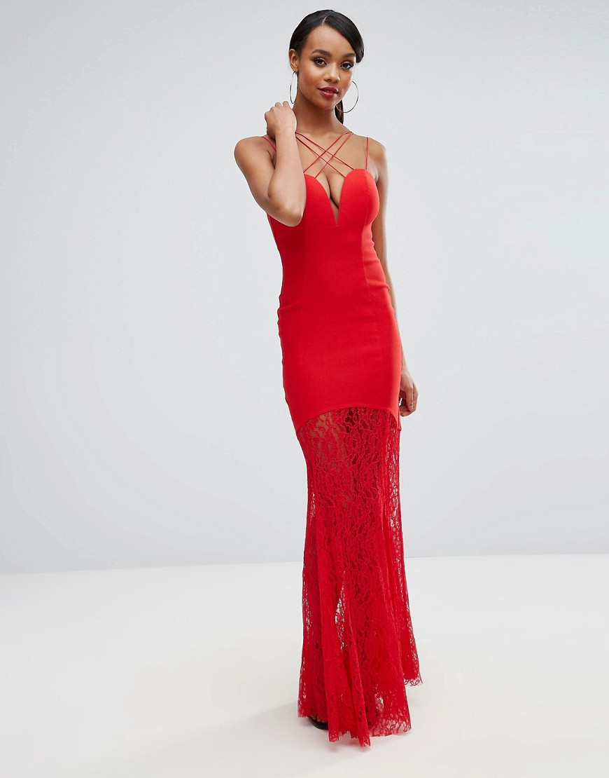 Rare London Sweetheart Plunge Maxi Dress With Lace Skirt - Red