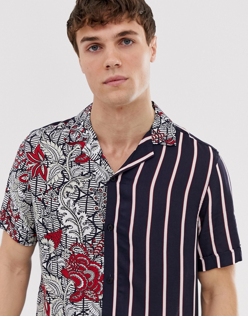 Burton Menswear revere shirt with floral stripe in black