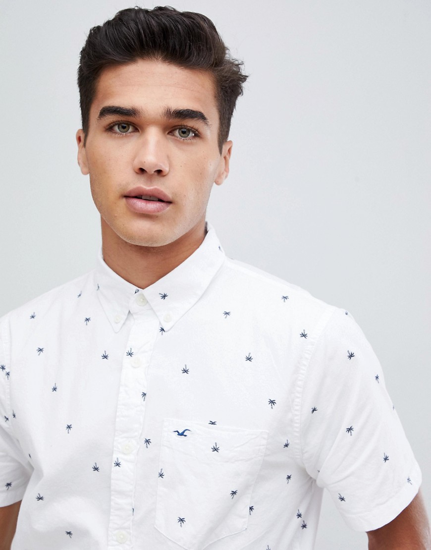 Hollister slim fit short sleeve palm tree print oxford shirt with button down collar in white