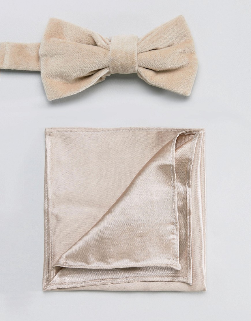 Devils Advocate Taupe Velvet Bow Tie With Satin Pocket Square - Taupe