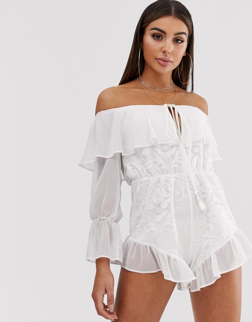 Lasula bardot playsuit with full sleeve and lace overlay in white