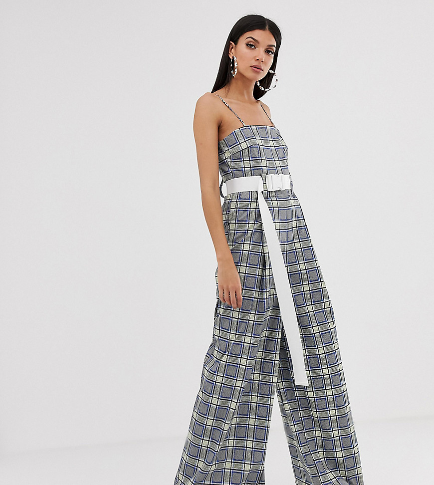 COLLUSION Tall check wide leg jumpsuit with belt