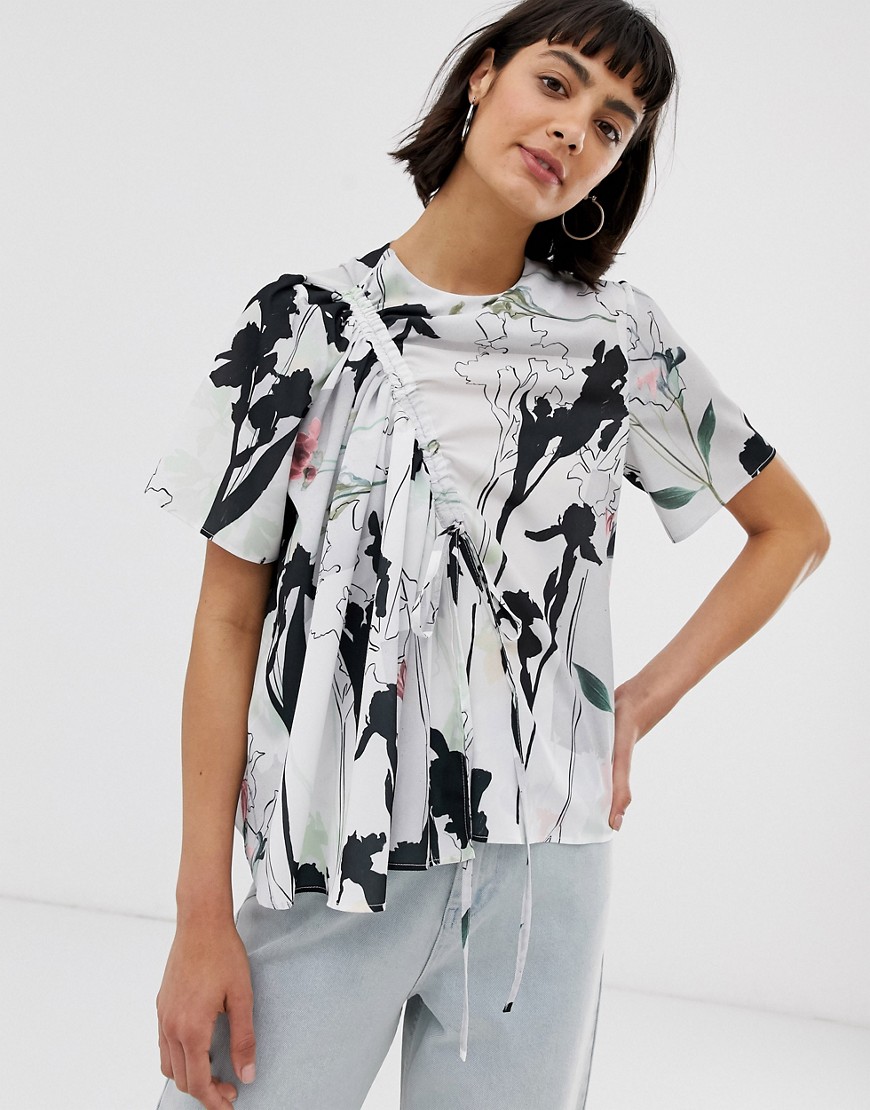 ASOS WHITE block floral ruched woven t-shirt