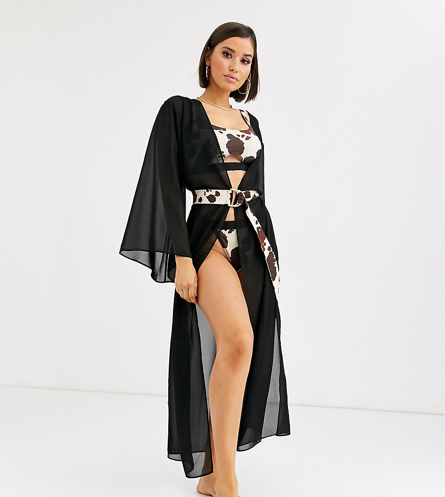 Wolf & Whistle Exclusive chiffon beach kimono in black with cow belt