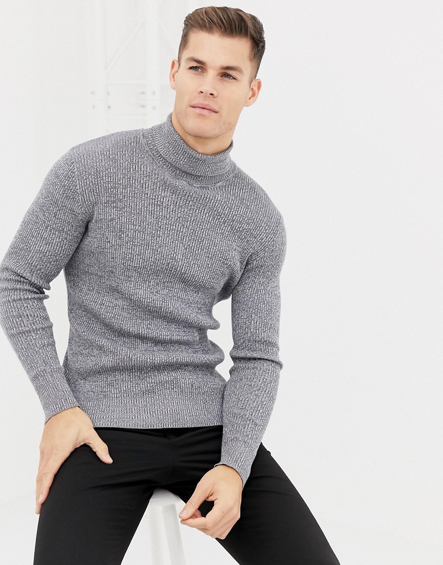 Brave Soul muscle fit roll neck stretch rib jumper in 100% cotton