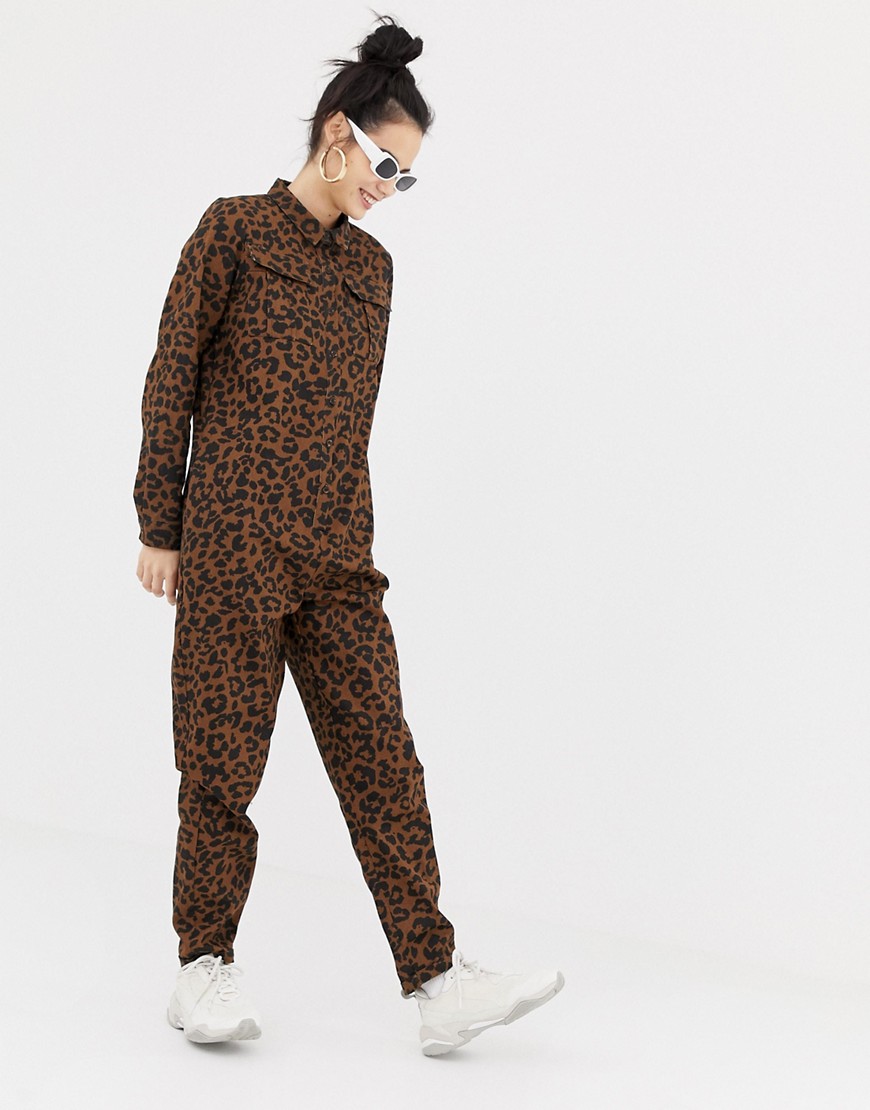 Daisy Street button through boiler suit in leopard print