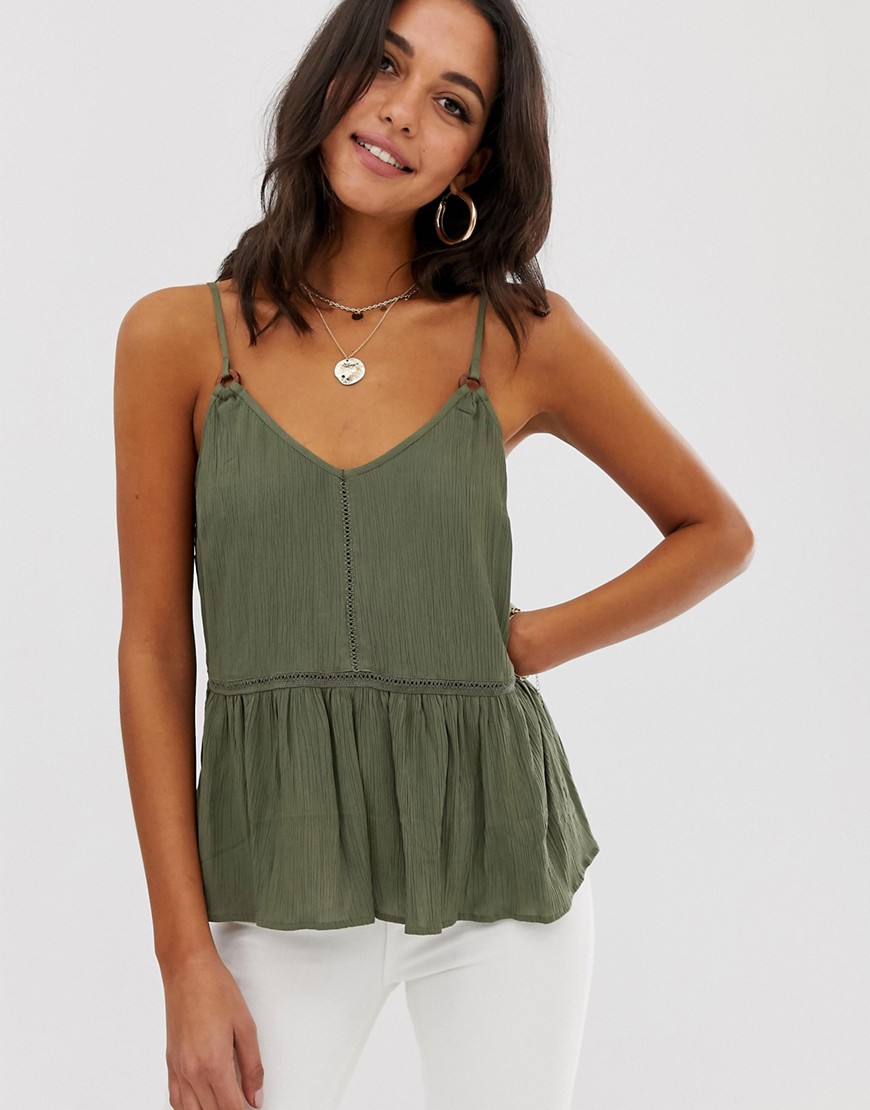 ASOS DESIGN crinkle cami with lace inserts and ring detail sun top