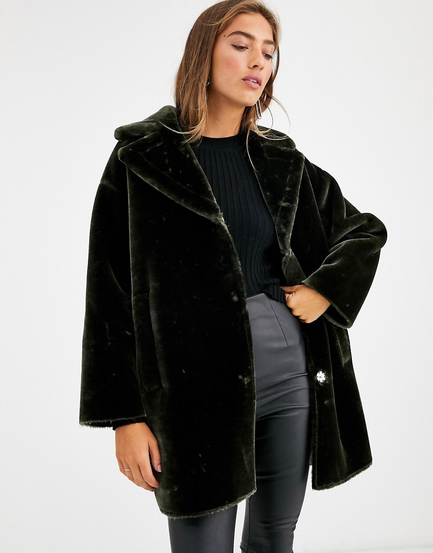 Asos Design Plush Faux Fur Bonded Overcoat In Khaki-green | ModeSens