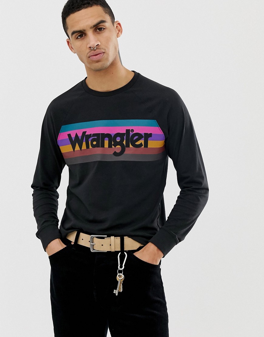Wrangler rainbow logo raglan long sleeve top slim fit in faded black